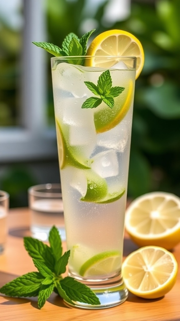 A tall glass of zero carb cocktail with ice, mint, and lime slice, set in a bright outdoor setting.
